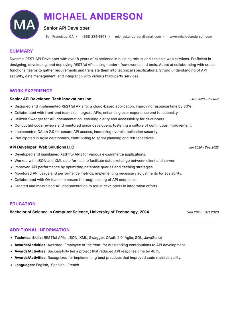 REST API Developer resume example — ATS-friendly template