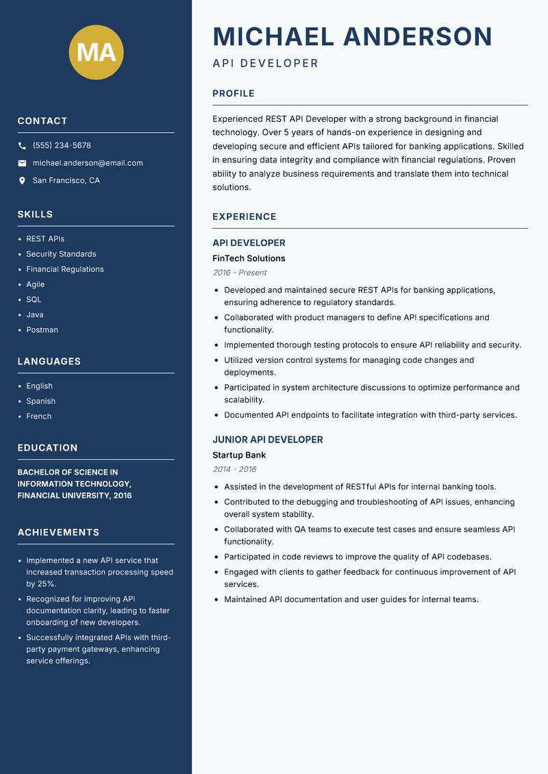 REST API Developer resume template — Classic Clean