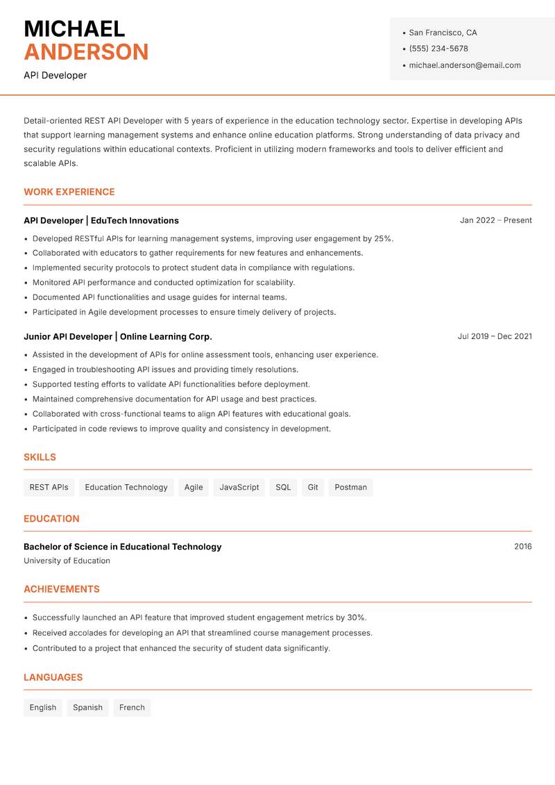 REST API Developer resume template — Modern Professional