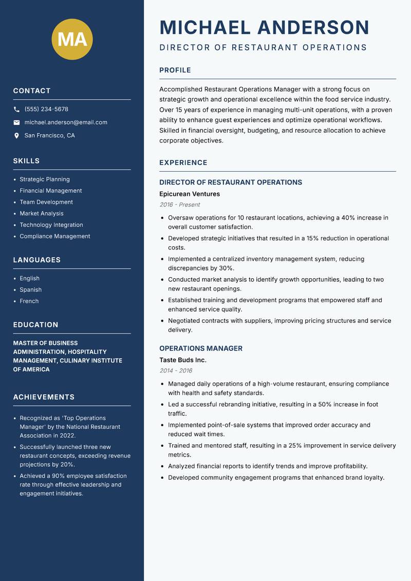 Restaurant Operations Manager resume template — Classic Clean