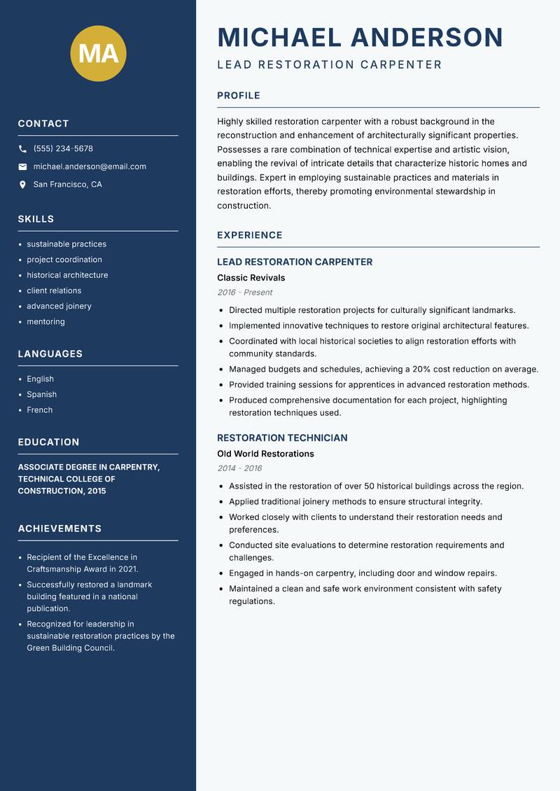 Restoration Carpenter resume template — Classic Clean