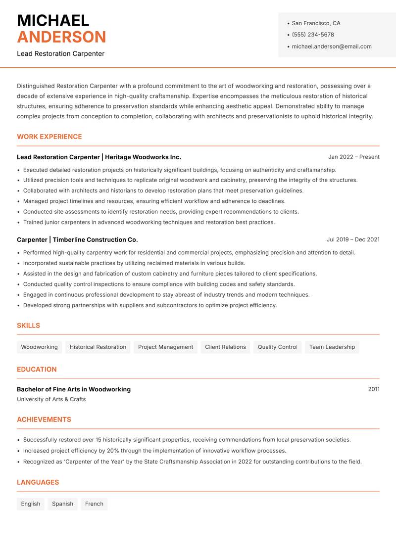 Restoration Carpenter resume template — Modern Professional
