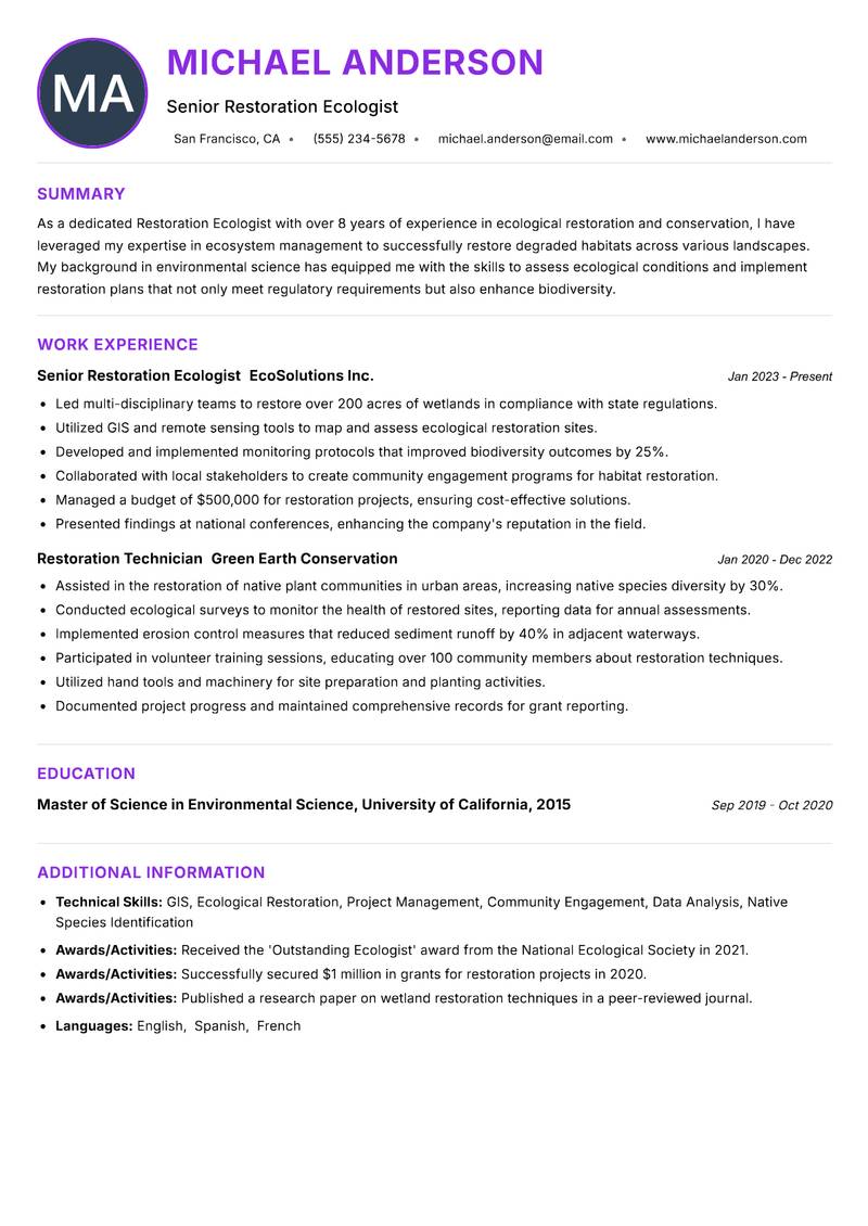 Restoration Ecologist resume example — ATS-friendly template