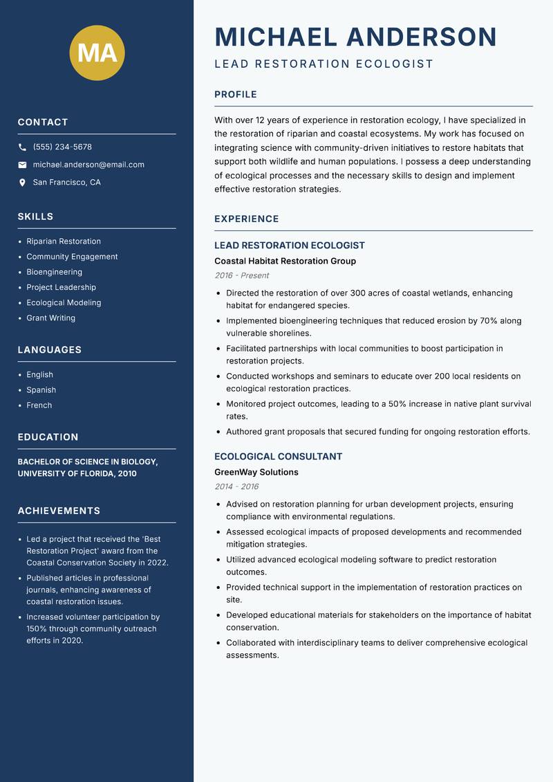 Restoration Ecologist resume template — Classic Clean