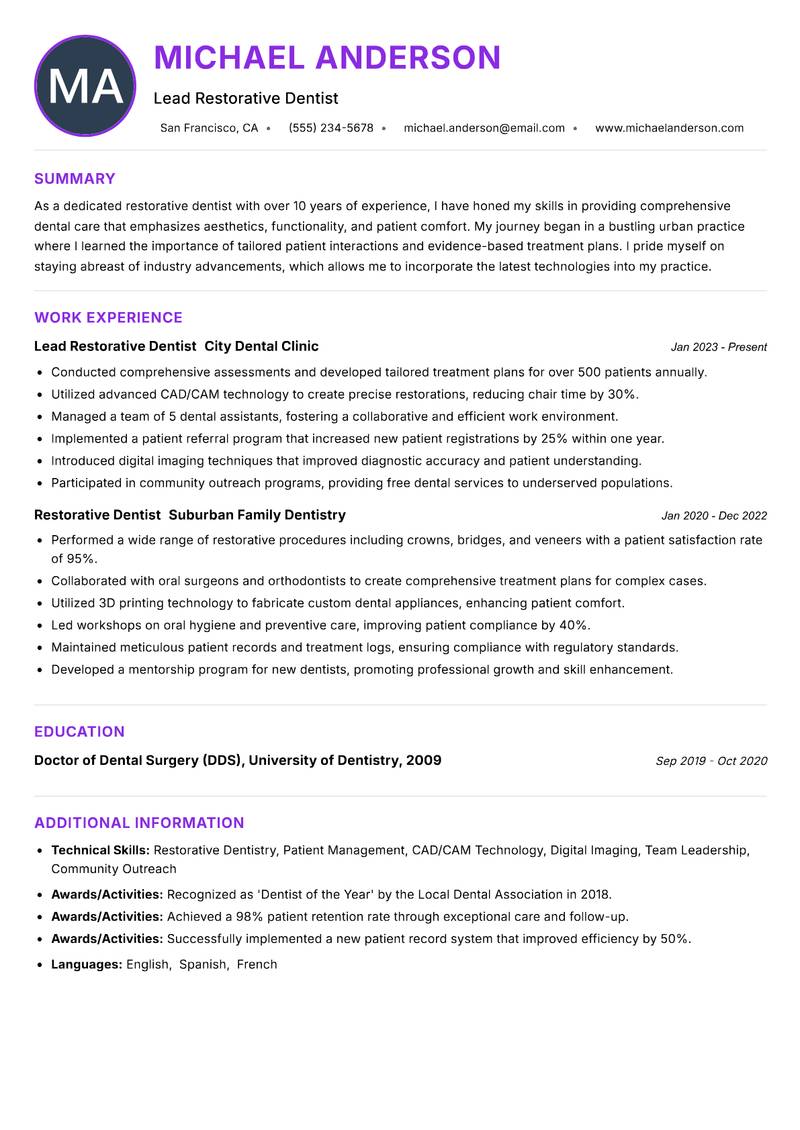 Restorative Dentist resume example — ATS-friendly template