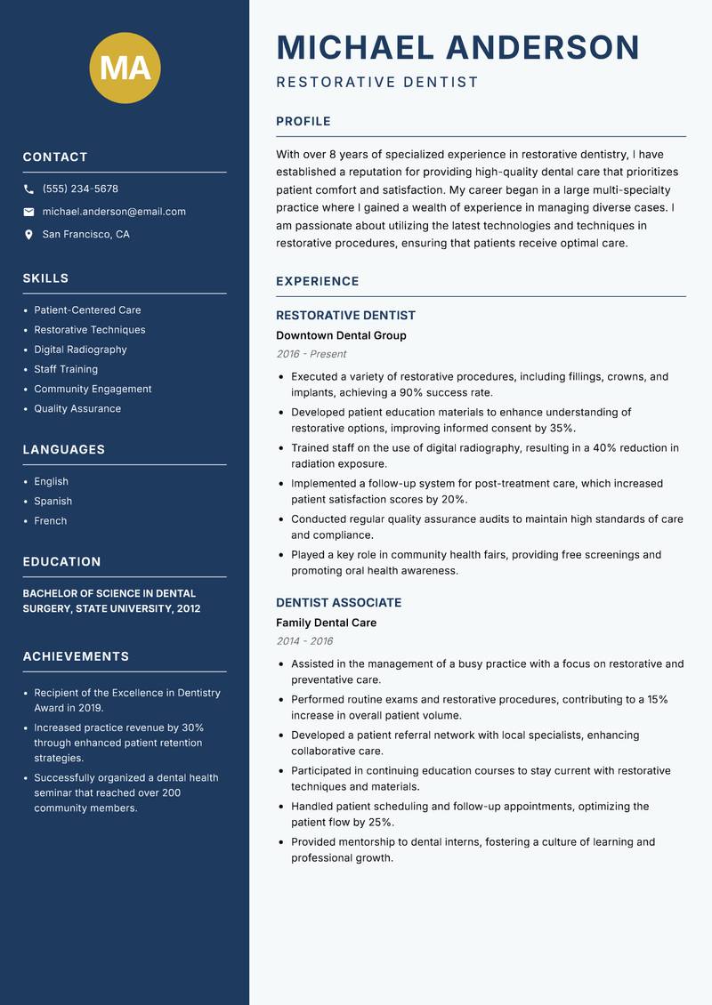 Restorative Dentist resume template — Classic Clean