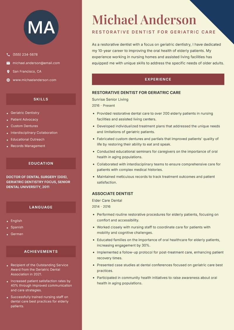 Restorative Dentist resume template — Two Column