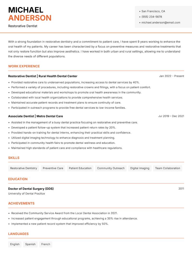 Restorative Dentist resume template — Modern Professional