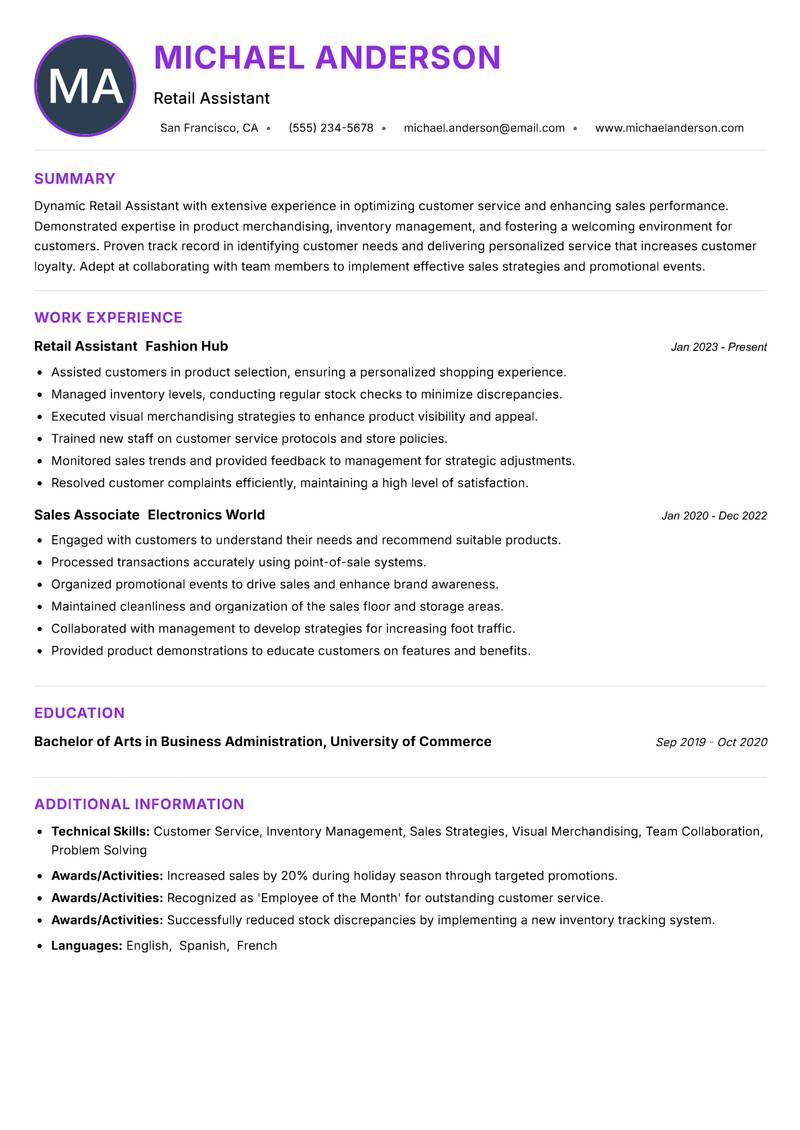 Retail Assistant resume example — ATS-friendly template
