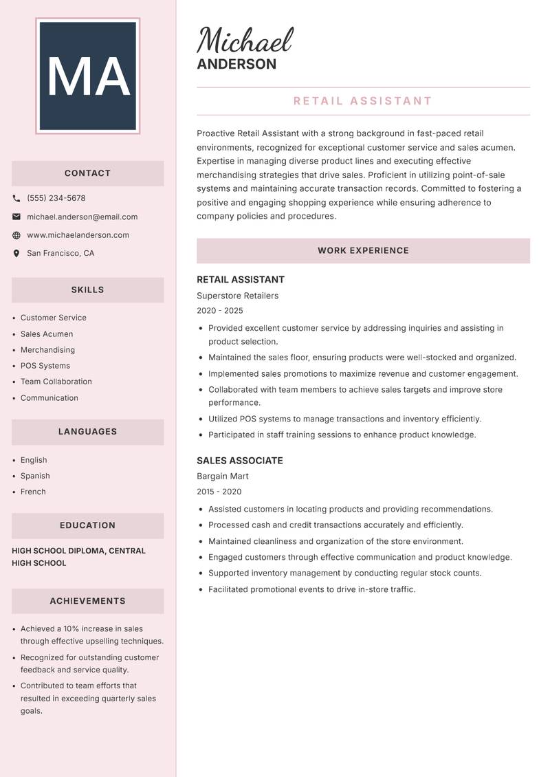 Retail Assistant resume template — Executive