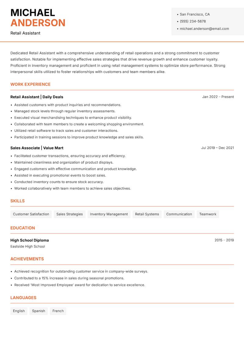 Retail Assistant resume template — Modern Professional