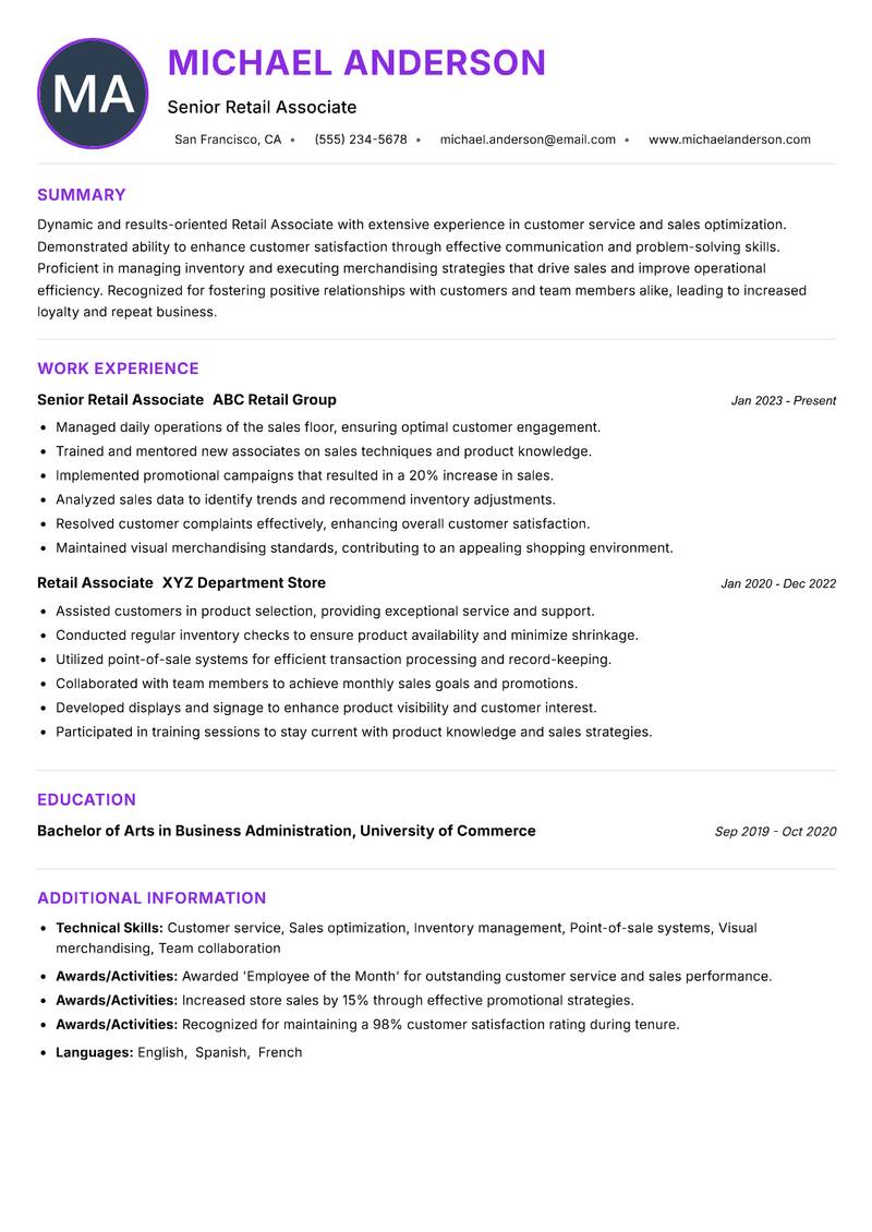 Retail Associate resume example — ATS-friendly template