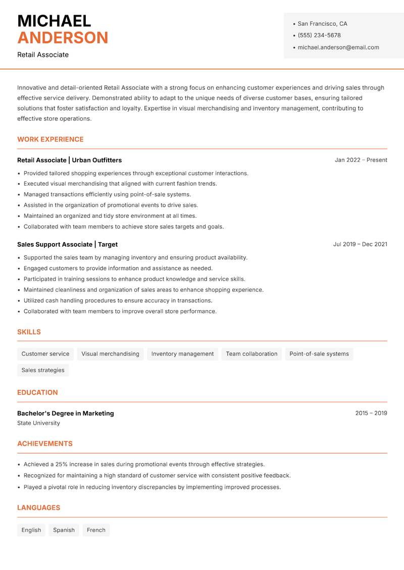 Retail Associate resume template — Modern Professional