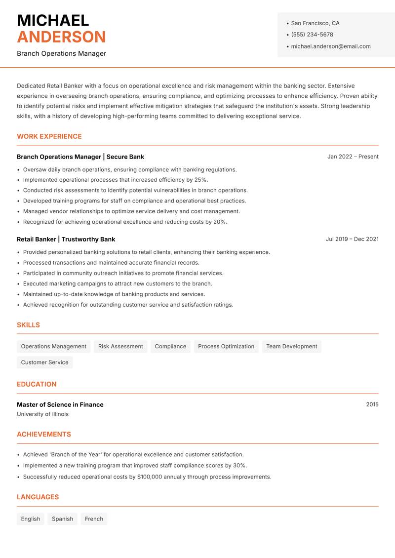 Retail Banker resume template — Modern Professional