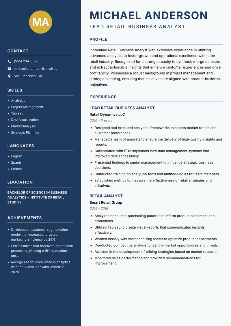 Retail Business Analyst resume template — Classic Clean
