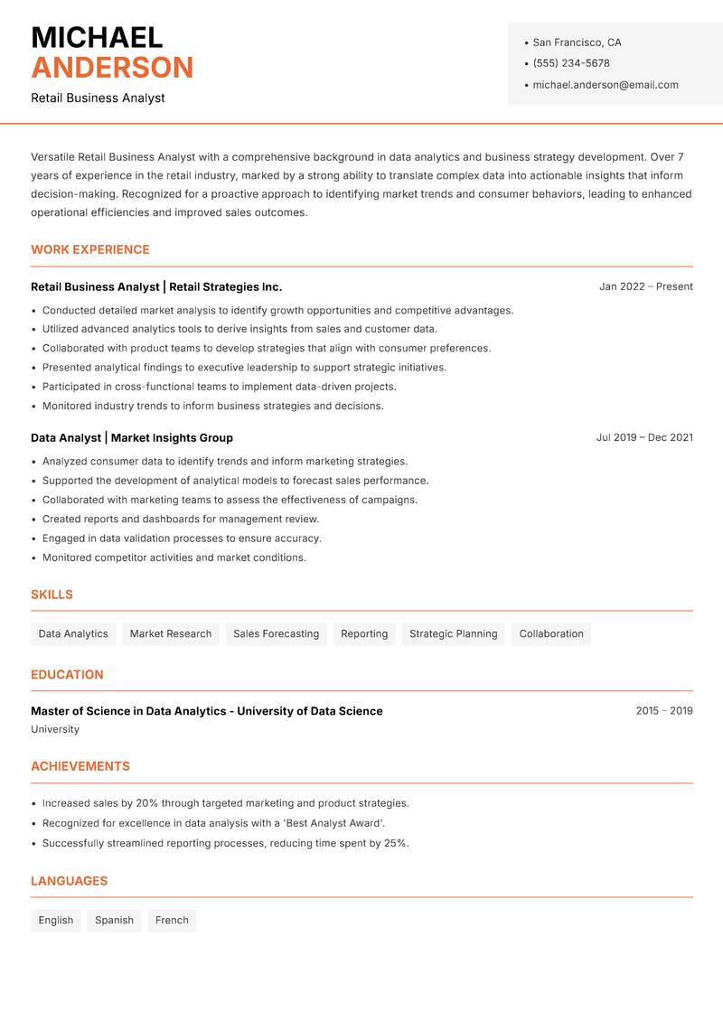 Retail Business Analyst resume template — Modern Professional