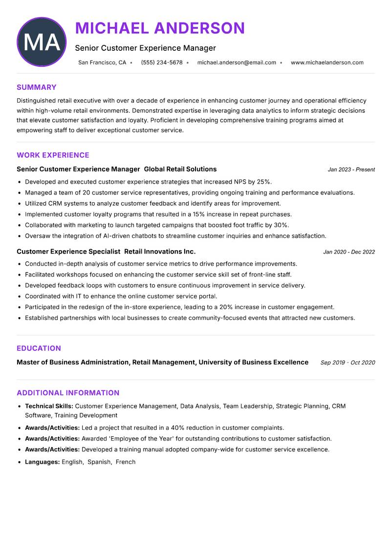 Retail Customer Experience Executive resume example — ATS-friendly template