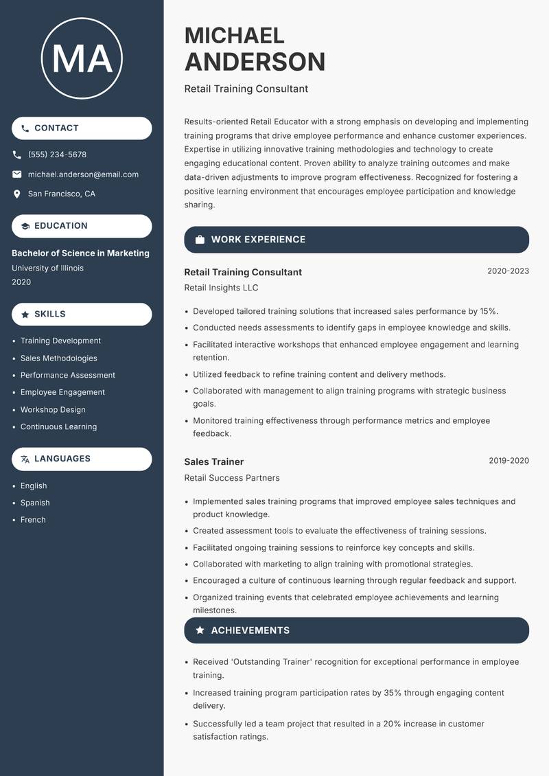 Retail Educator resume template — Compact
