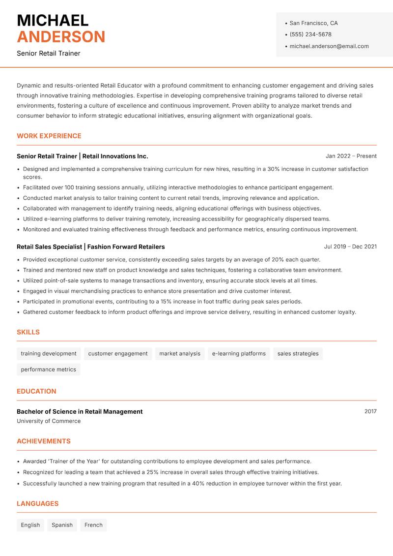 Retail Educator resume template — Modern Professional