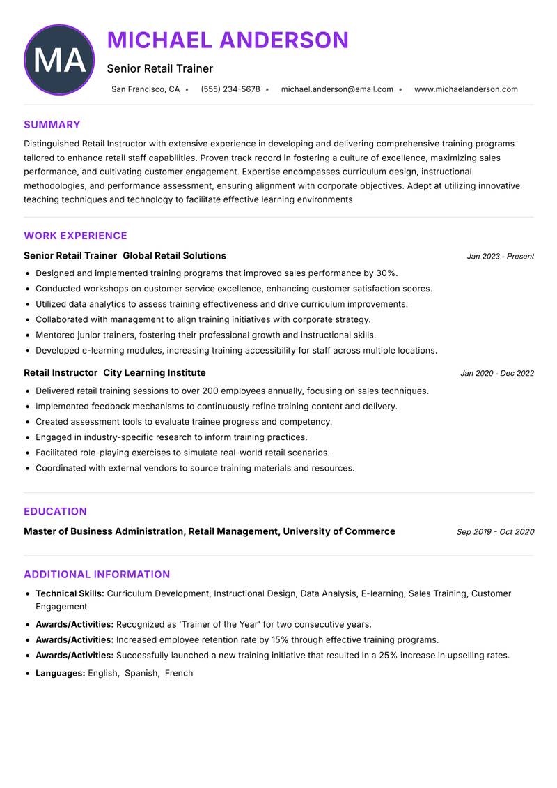 Retail Instructor resume example — ATS-friendly template