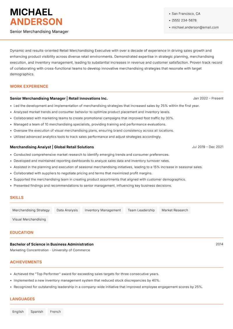 Retail Merchandising Executive resume template — Modern Professional