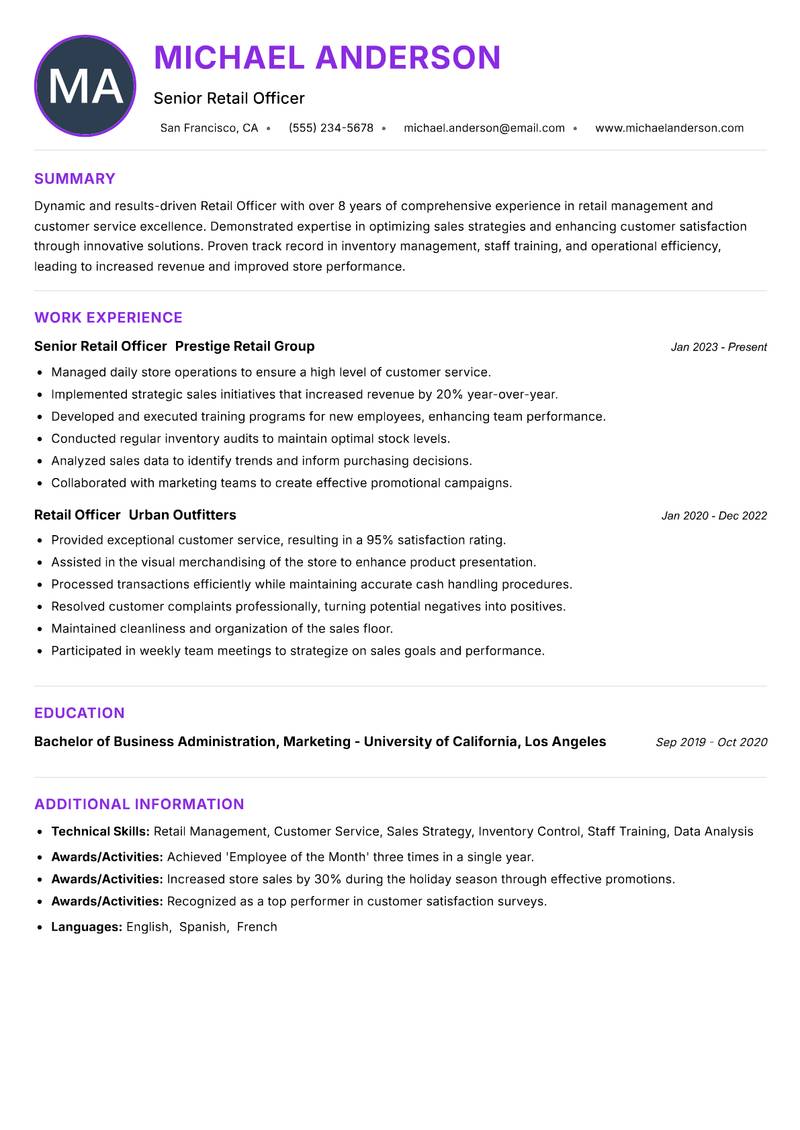 Retail Officer resume example — ATS-friendly template