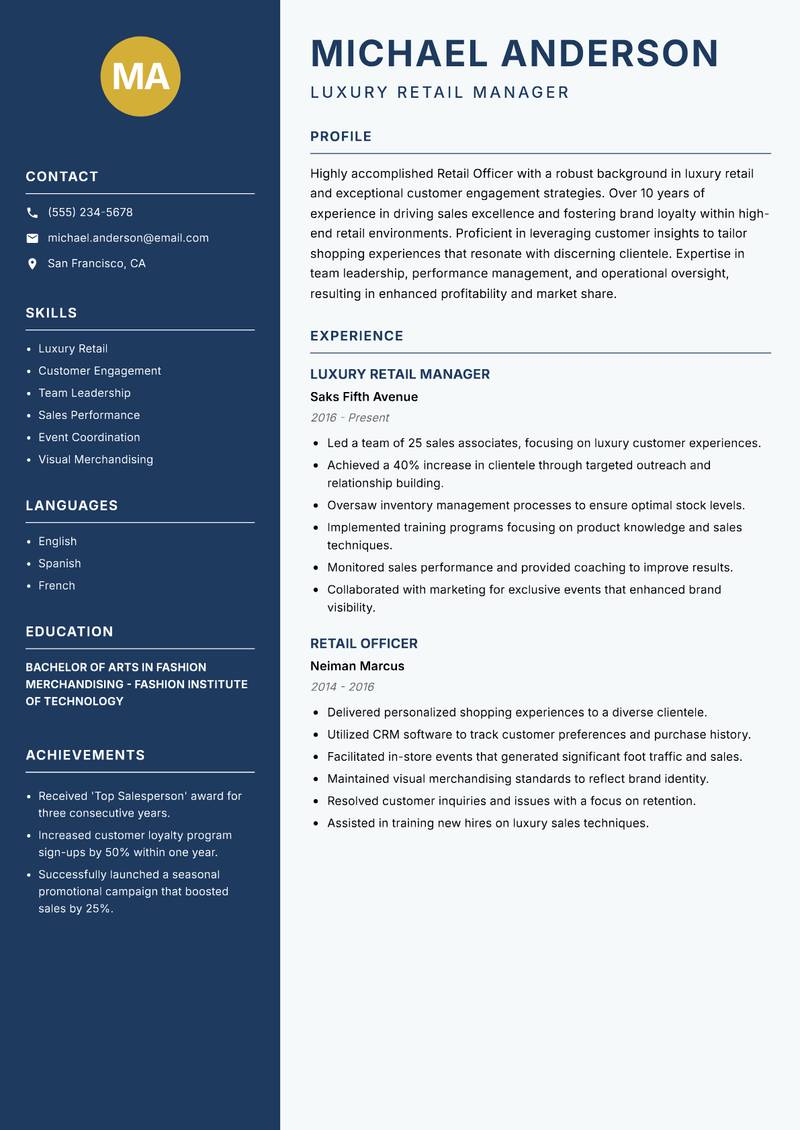 Retail Officer resume template — Classic Clean