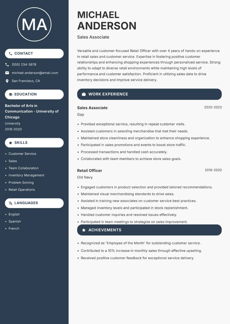 Retail Officer resume template — Compact
