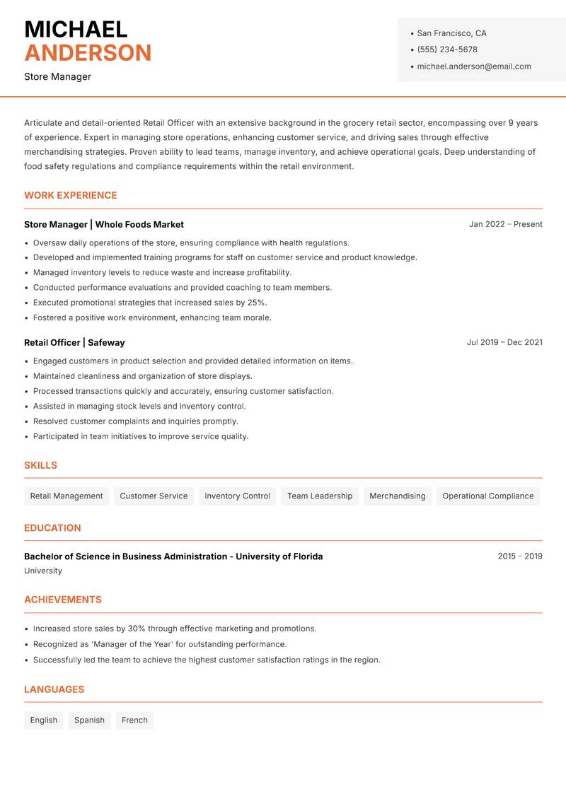 Retail Officer resume template — Modern Professional