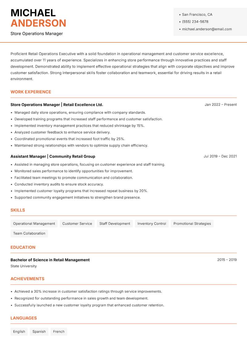 Retail Operations Executive resume template — Modern Professional