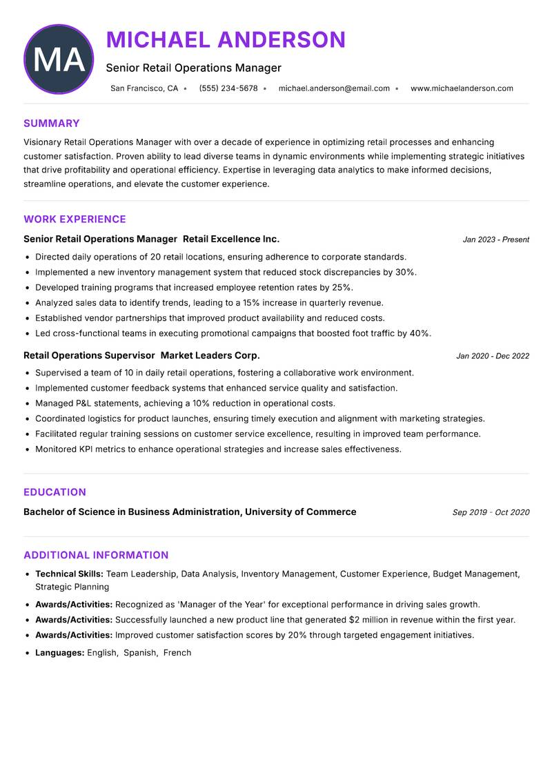 Retail Operations Manager resume example — ATS-friendly template