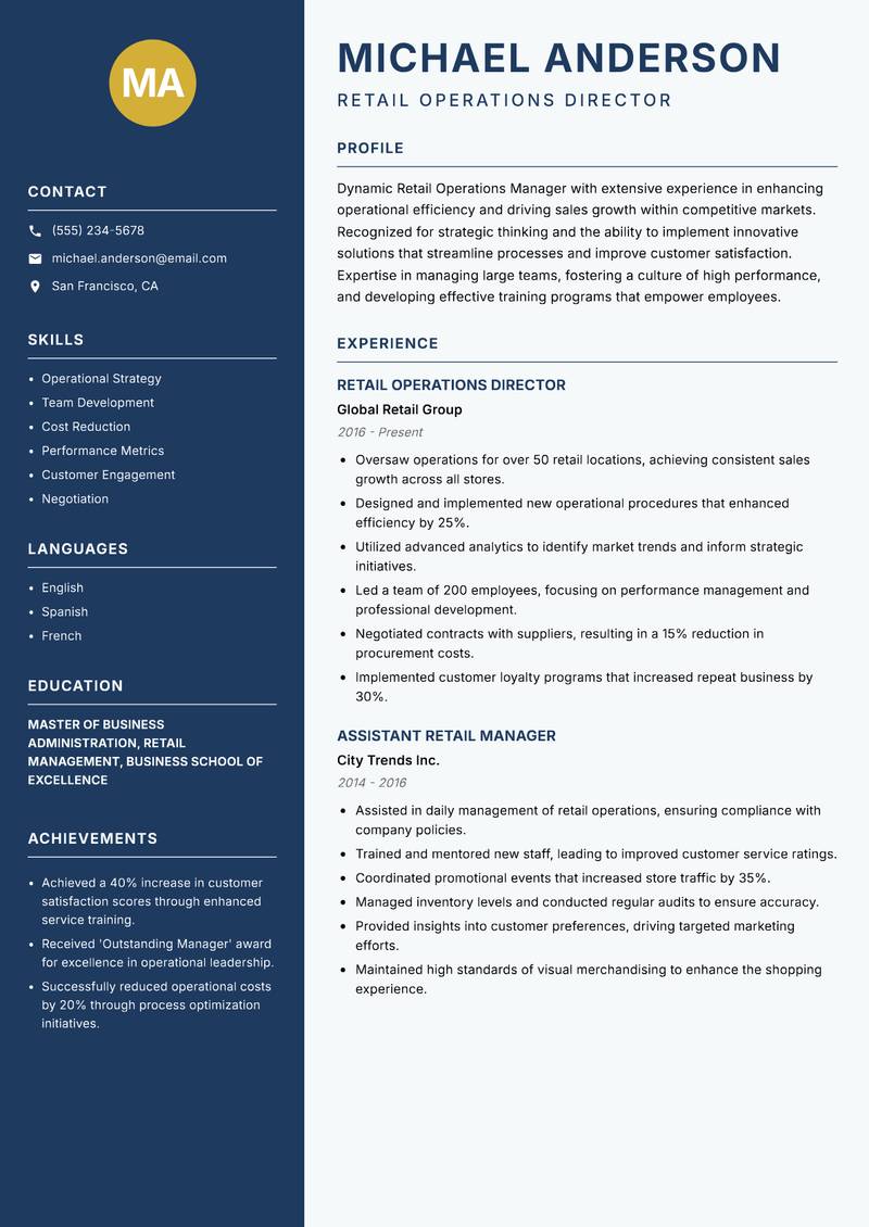 Retail Operations Manager resume template — Classic Clean
