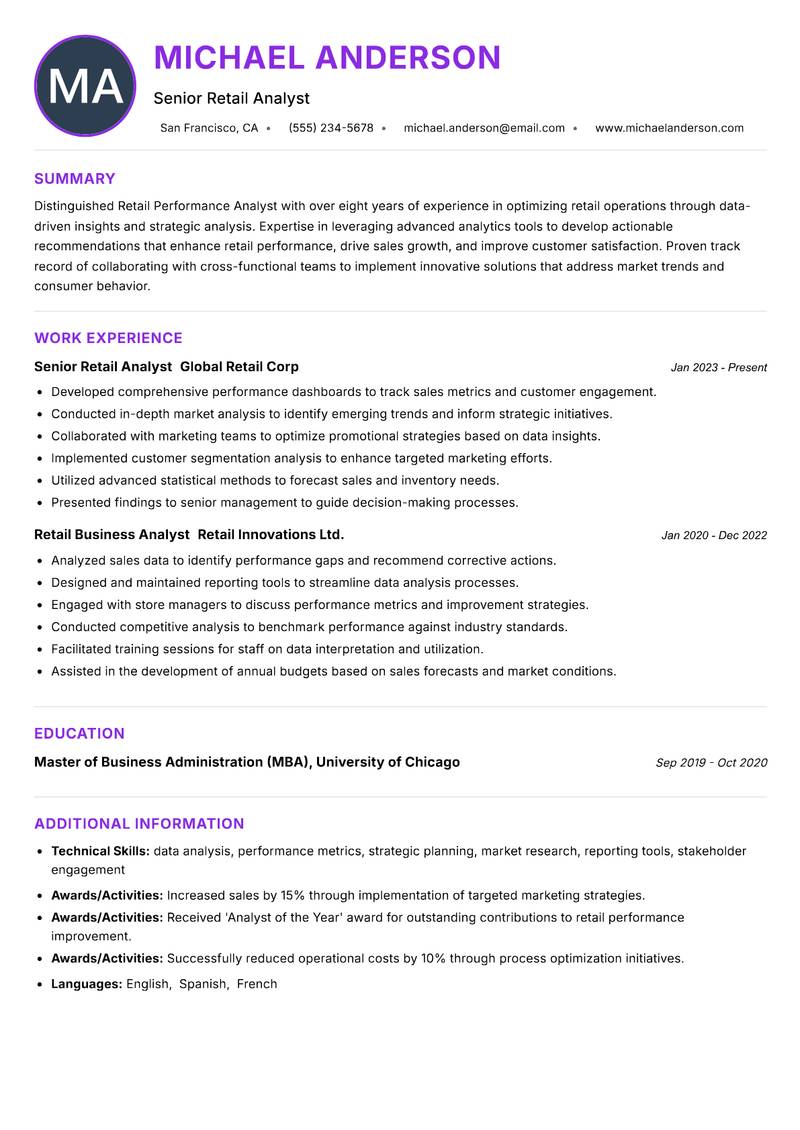 Retail Performance Analyst resume example — ATS-friendly template