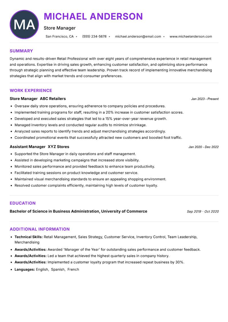 Retail Professional resume example — ATS-friendly template