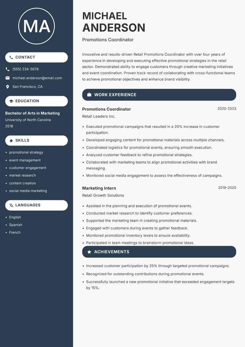 Retail Promotions Coordinator resume template — Compact