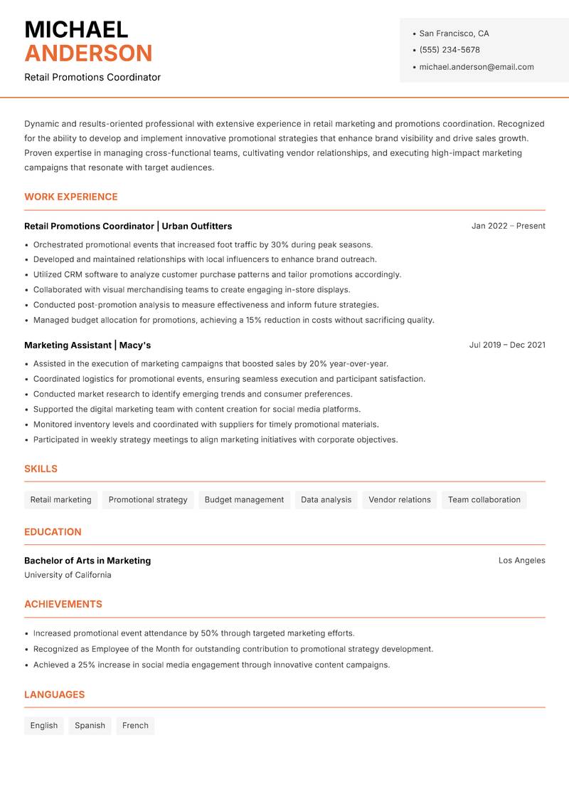Retail Promotions Coordinator resume template — Modern Professional
