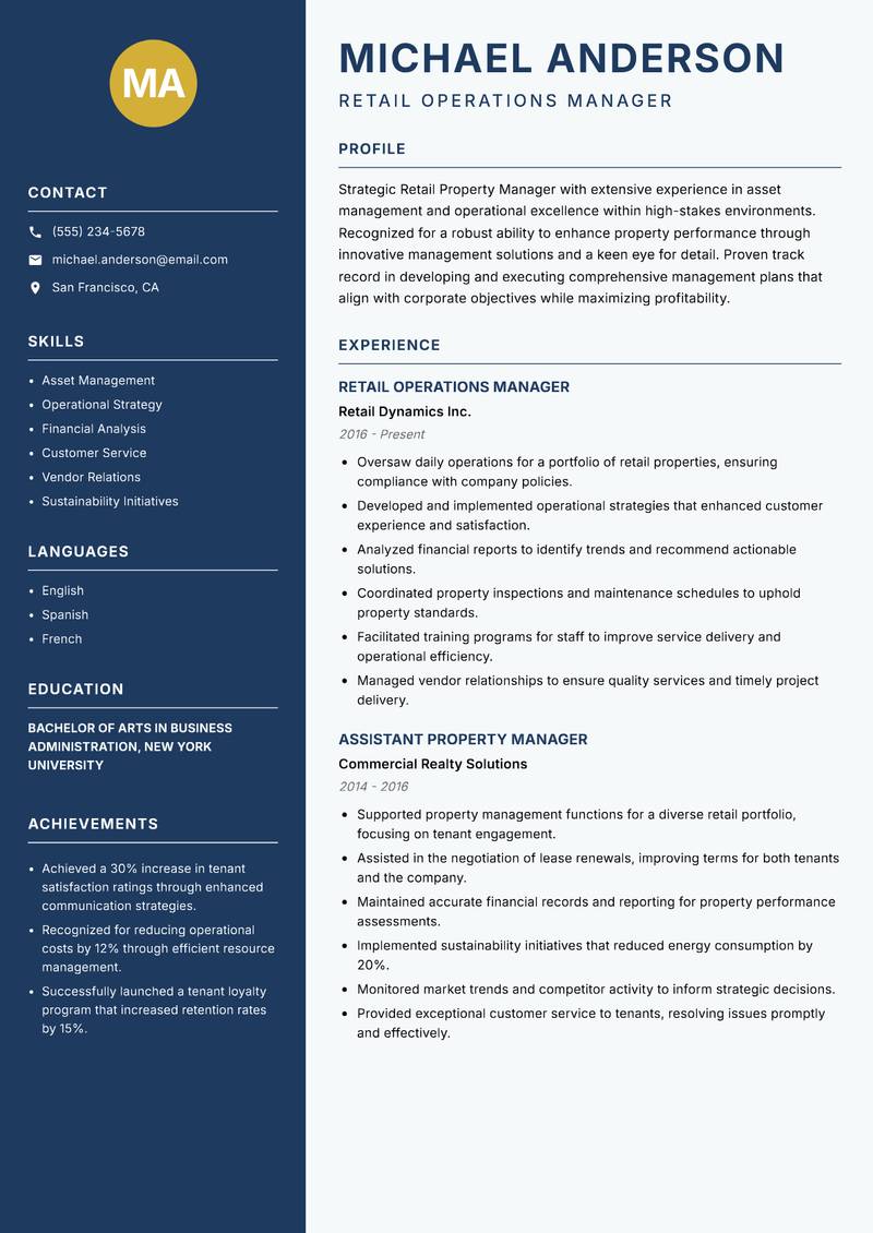 Retail Property Manager resume template — Classic Clean