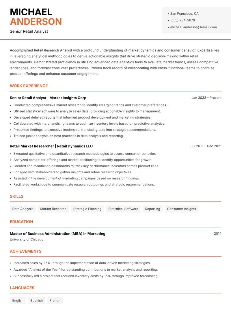 Retail Research Analyst resume template — Modern Professional
