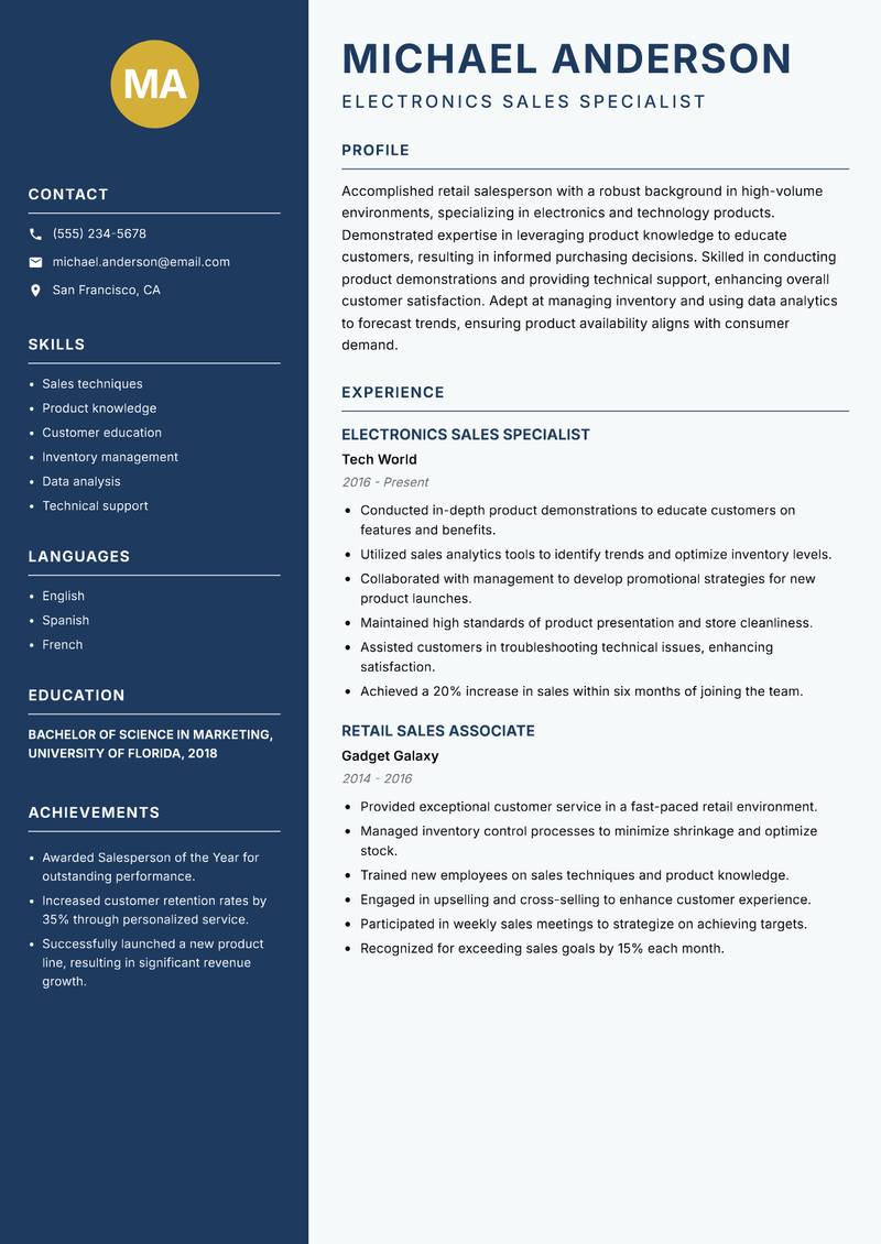 Retail Salesperson resume template — Classic Clean