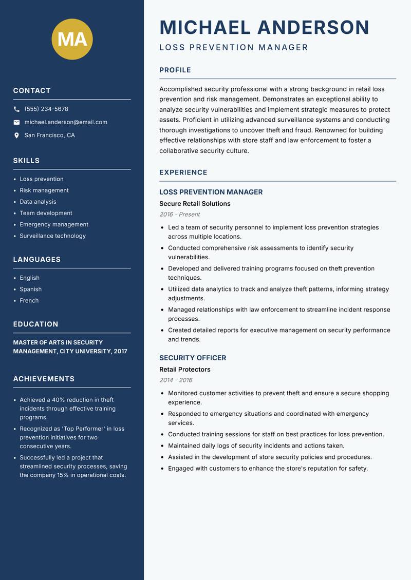 Retail Security Officer resume template — Classic Clean