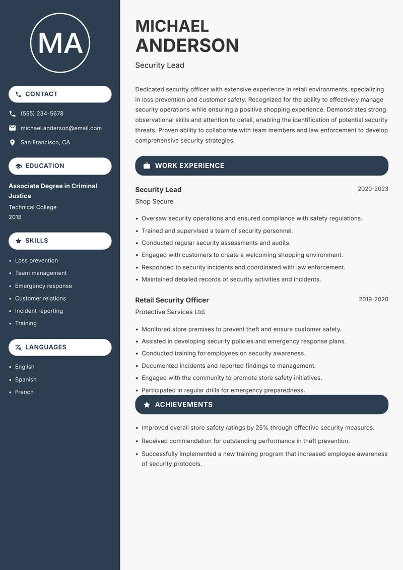 Retail Security Officer resume template — Compact