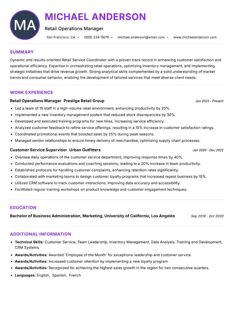 Retail Service Coordinator resume example — ATS-friendly template