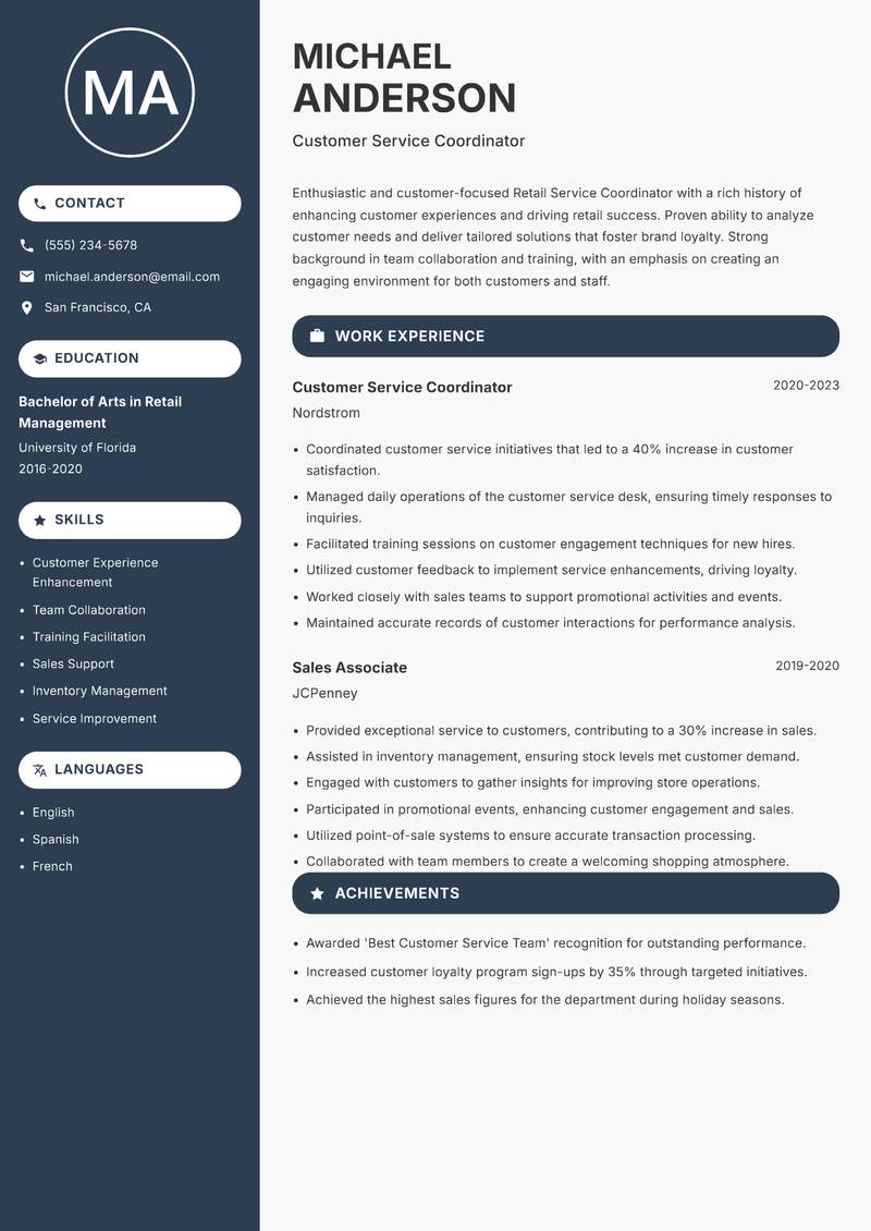 Retail Service Coordinator resume template — Compact