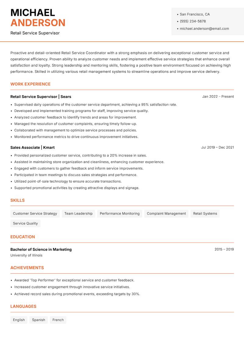 Retail Service Coordinator resume template — Modern Professional