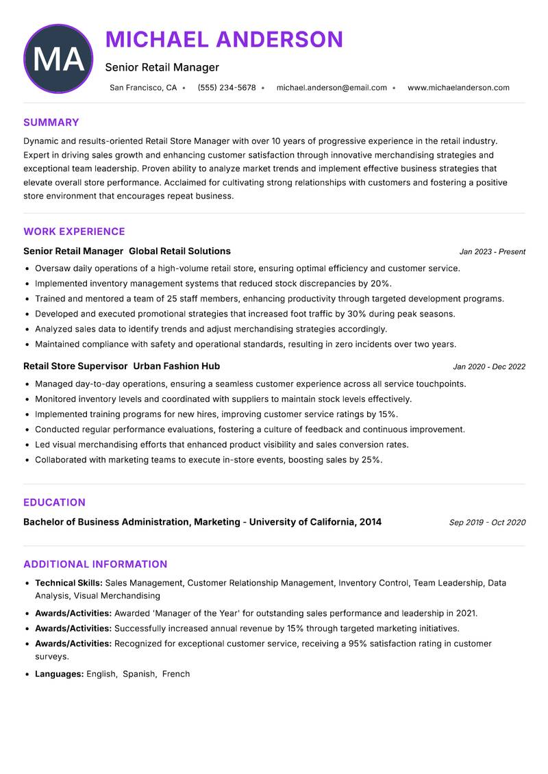 Retail Store Manager resume example — ATS-friendly template