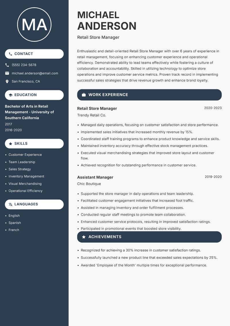 Retail Store Manager resume template — Compact