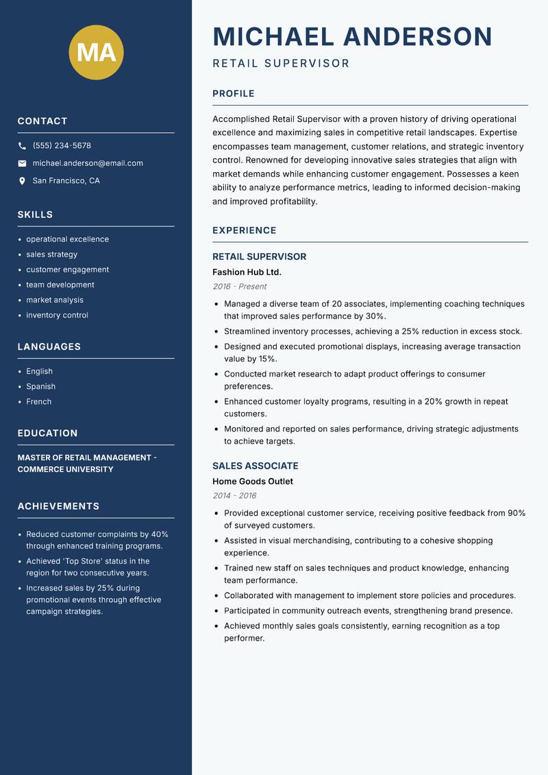 Retail Supervisor resume template — Classic Clean