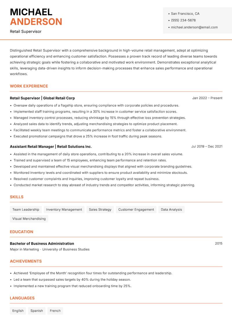 Retail Supervisor resume template — Modern Professional