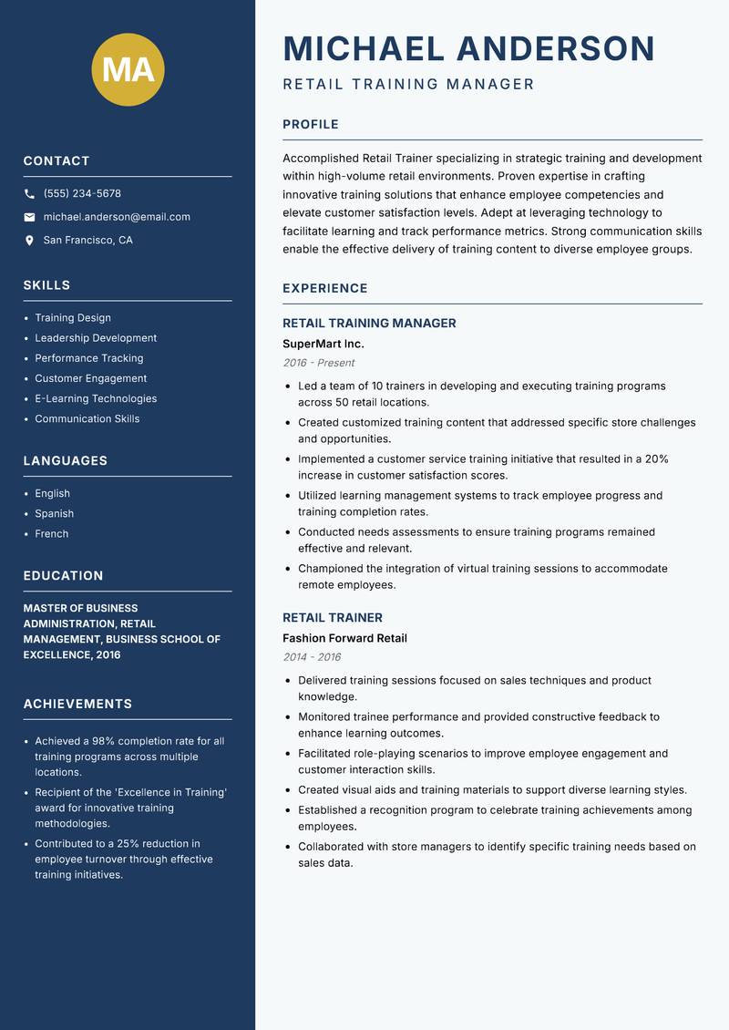 Retail Trainer resume template — Classic Clean