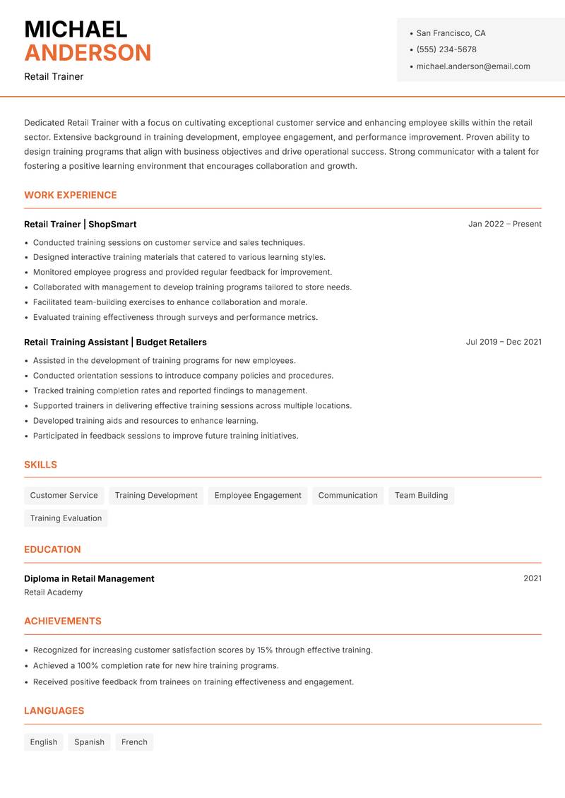 Retail Trainer resume template — Modern Professional